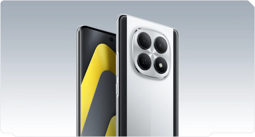 Poco M8 5G, in Frost Silver, back and front
