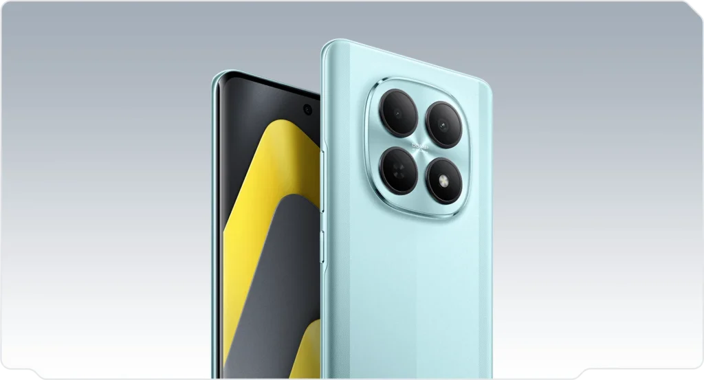 Poco M8 5G, in Glacial Blue, back and front
