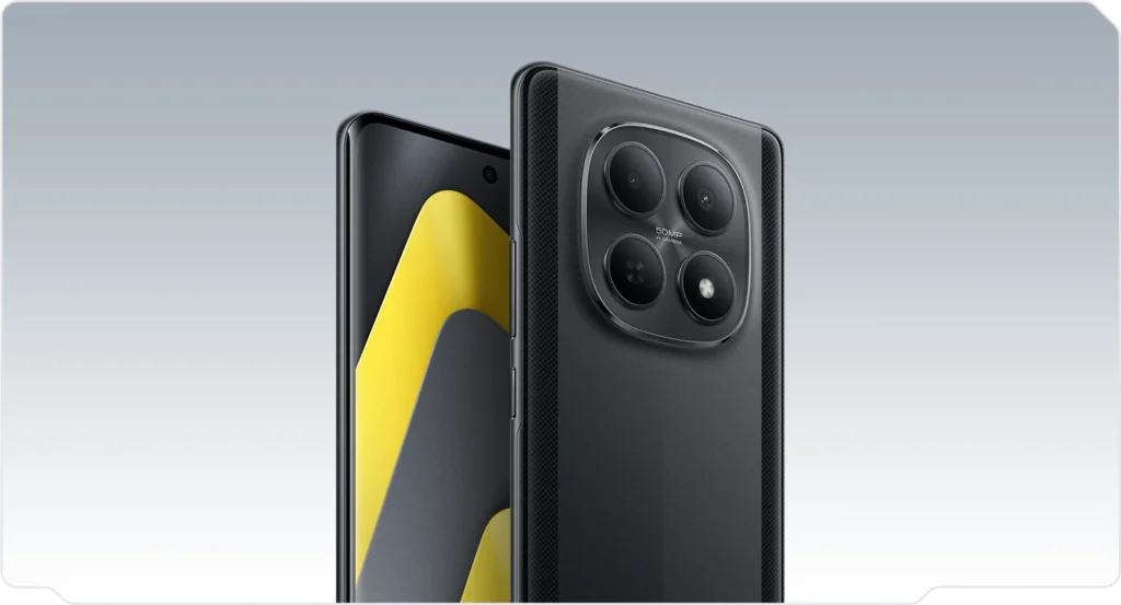 Poco M8 5G, in Carbon Black, back and front