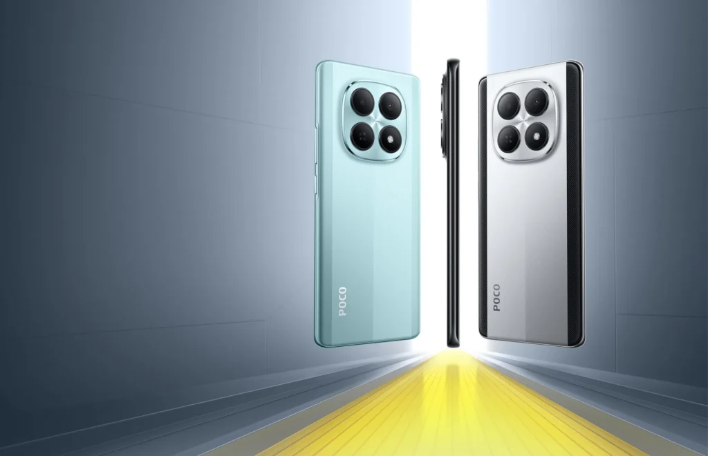 Poco M8 5G, in Glacial Blue and Frost Silver, back to back