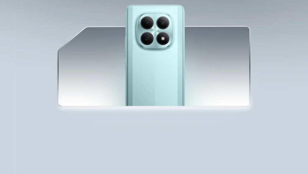 Poco M8 5G, in Glacial Blue, standing