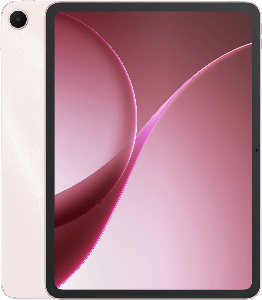 OPPO Pad 5, in Aurora Pink, front with the back behind it
