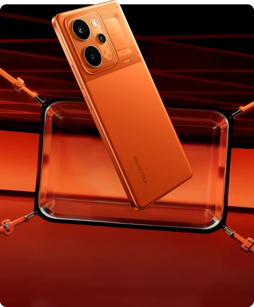 realme P4 Power 5G, in Trans Orange, in a red-lit scene
