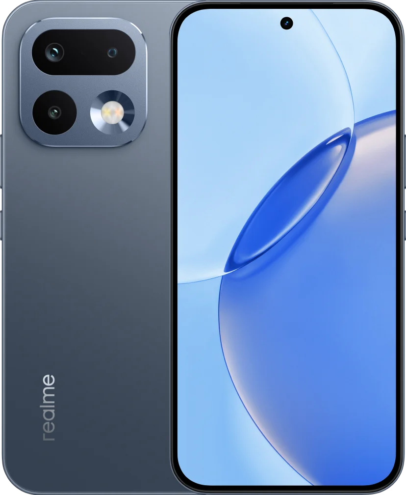 realme 16 Pro 5G, in Pebble Grey, front and back