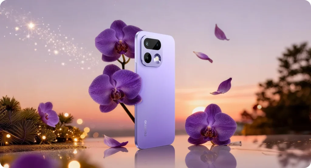 realme 16 Pro 5G, in Orchid Purple, among orchids at dusk