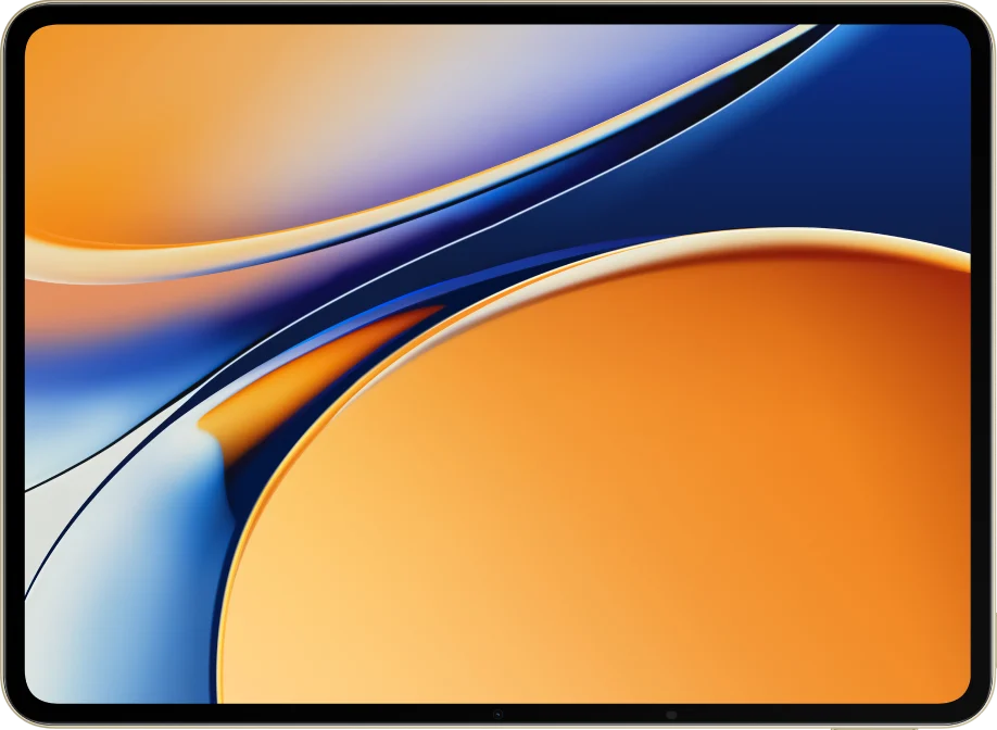 realme Pad 3, front, straight on, orange and blue wallpaper on screen