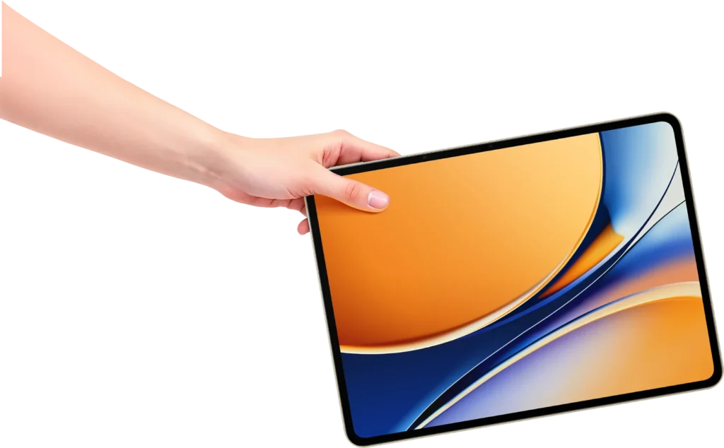 realme Pad 3, held by one edge, screen on