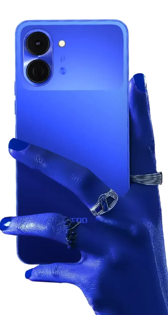 TECNO SPARK Go 3, in Galaxy Blue, held in a painted hand