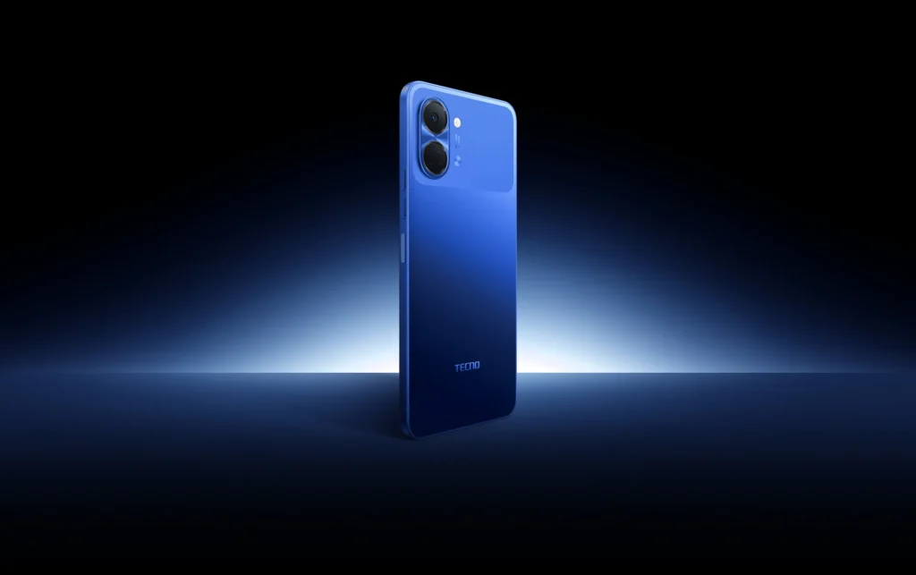 TECNO SPARK Go 3, in Galaxy Blue, standing in a beam of light