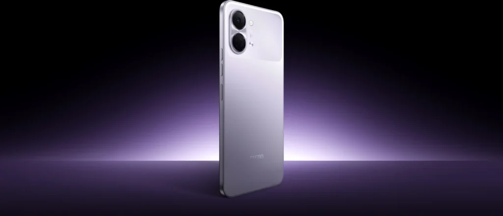 TECNO SPARK Go 3, in Aurora Purple, standing in a beam of light