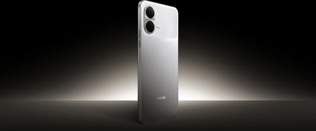TECNO SPARK Go 3, in Titanium Gray, standing in a beam of light