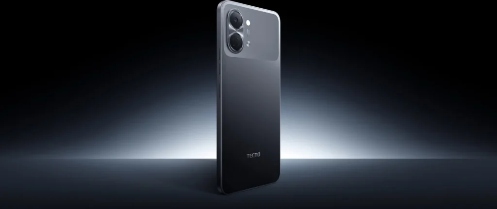TECNO SPARK Go 3, in Ink Black, standing in a beam of light