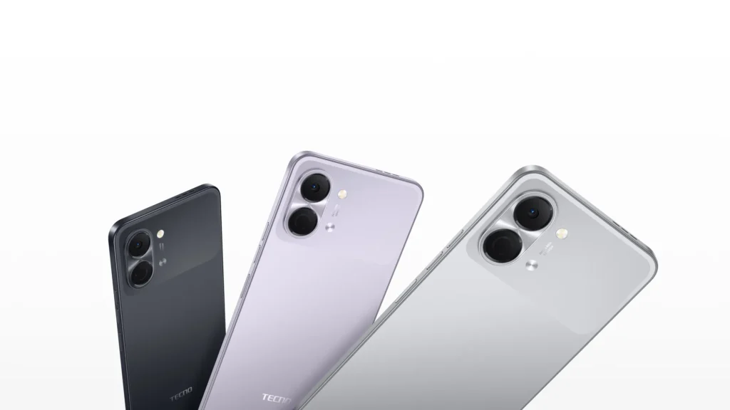 TECNO SPARK Go 3, in Ink Black, Aurora Purple and Titanium Gray, from the back