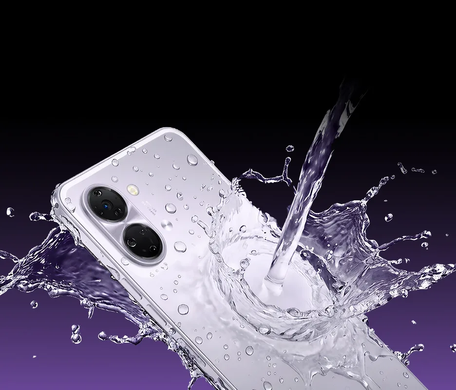 TECNO SPARK Go 3, in Aurora Purple, splashed with water
