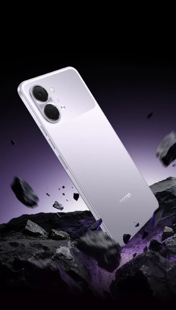 TECNO SPARK Go 3, in Aurora Purple, falling onto rocks
