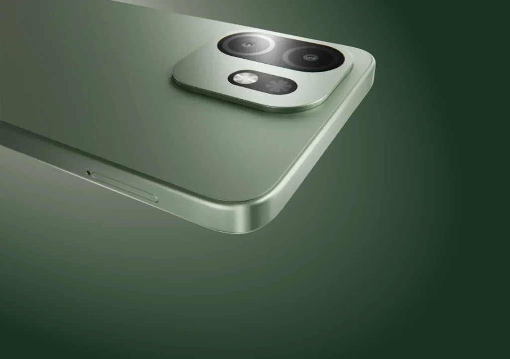 itel A100, in Silk Green, the camera and edge at an angle