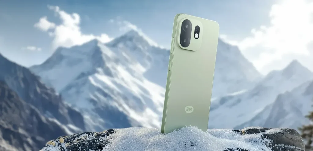 itel A100, in Silk Green on a snowy peak