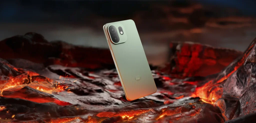 itel A100, in Silk Green on glowing lava rock