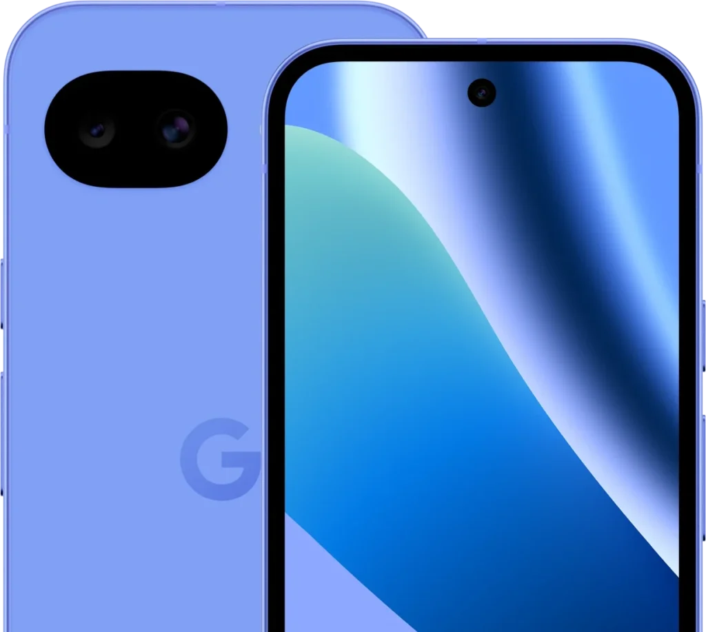 Google Pixel 10a, in Lavender, front and rear view