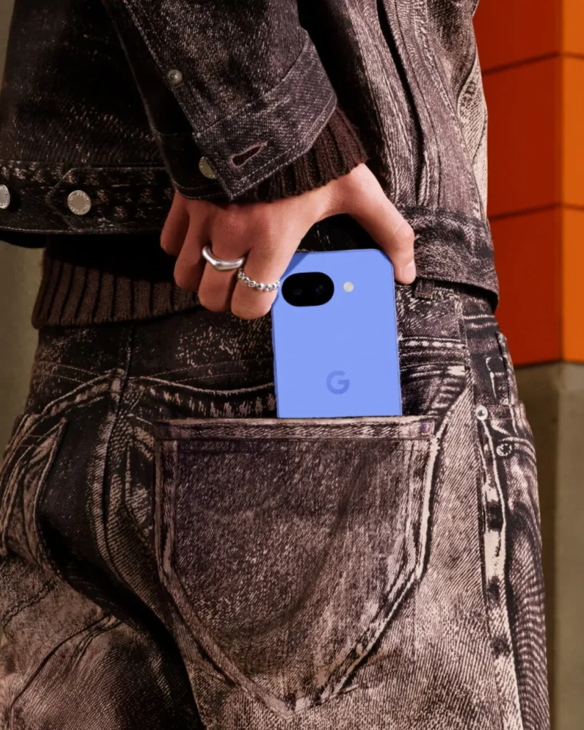 Google Pixel 10a, in Lavender, slipped into a denim pocket