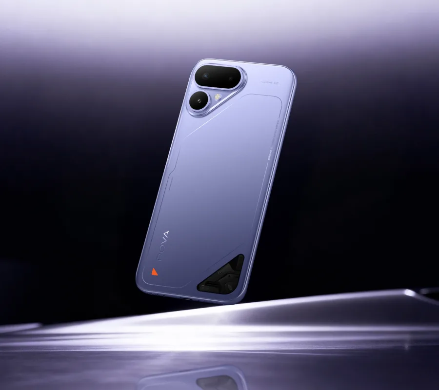 TECNO POVA CURVE 2 5G, in Mystic Purple, floating above a lit surface
