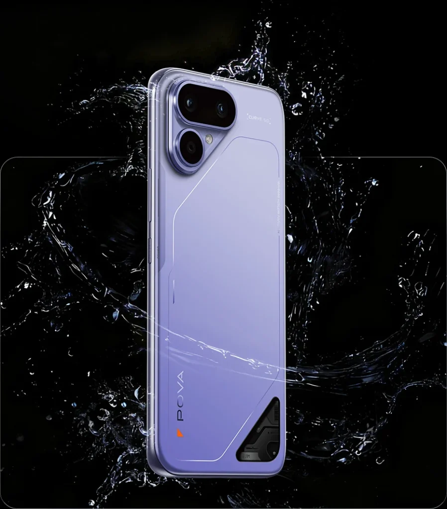 TECNO POVA CURVE 2 5G, in Mystic Purple, splashed with water