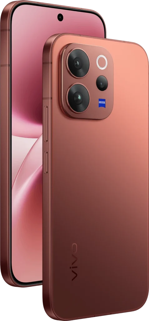 Vivo V70, in Passion Red, from the back at an angle