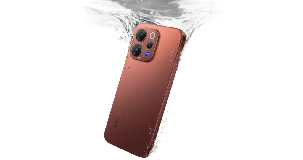 Vivo V70, in Passion Red, dropping into water