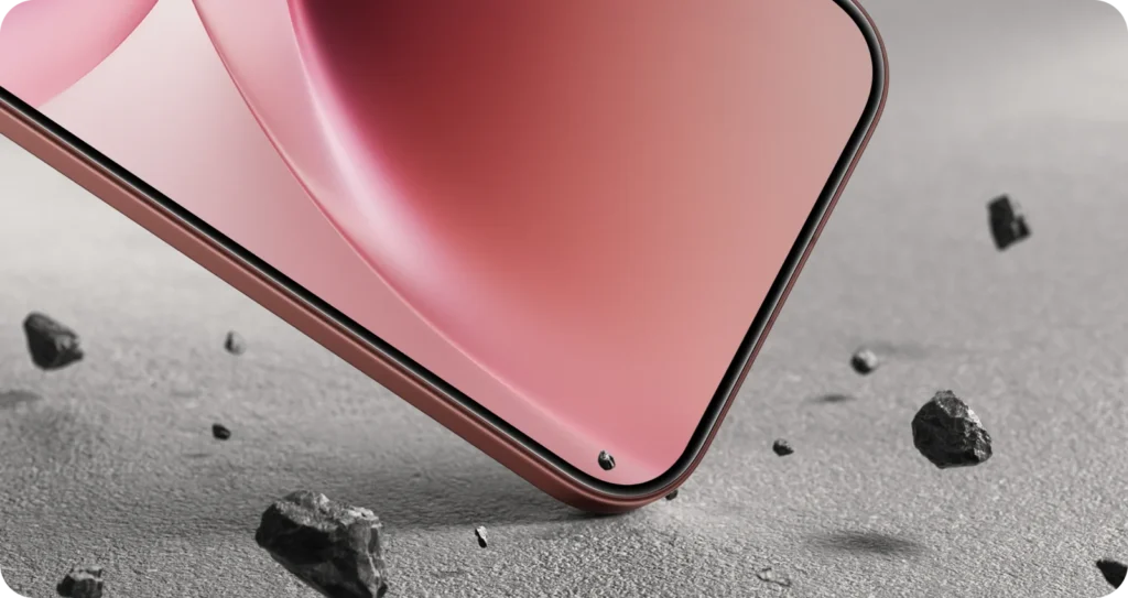 Vivo V70, in Passion Red, face down on rough ground
