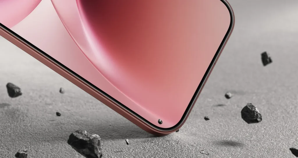 Vivo V70 Elite, in Passion Red, face down on rough ground