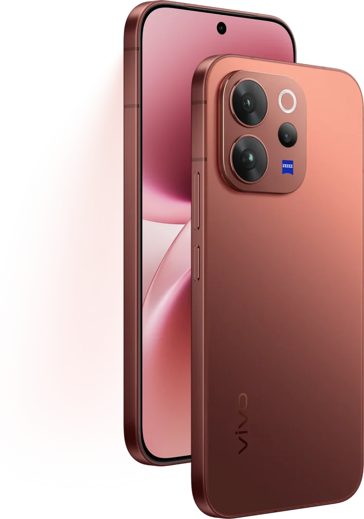 Vivo V70 Elite, in Passion Red, back and front at an angle