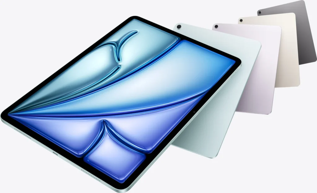 Apple iPad Air 11″ (M4), in all four colours, fanned out with Blue in front