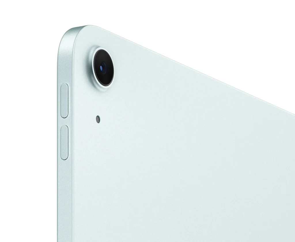 Apple iPad Air 11″ (M4), in Blue, rear camera and side buttons close-up