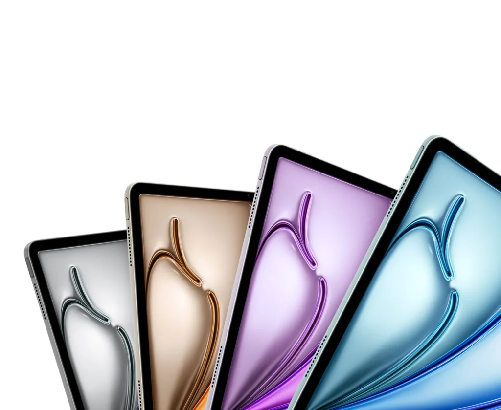 Apple iPad Air 13″ (M4), fronts of all four colours, fanned