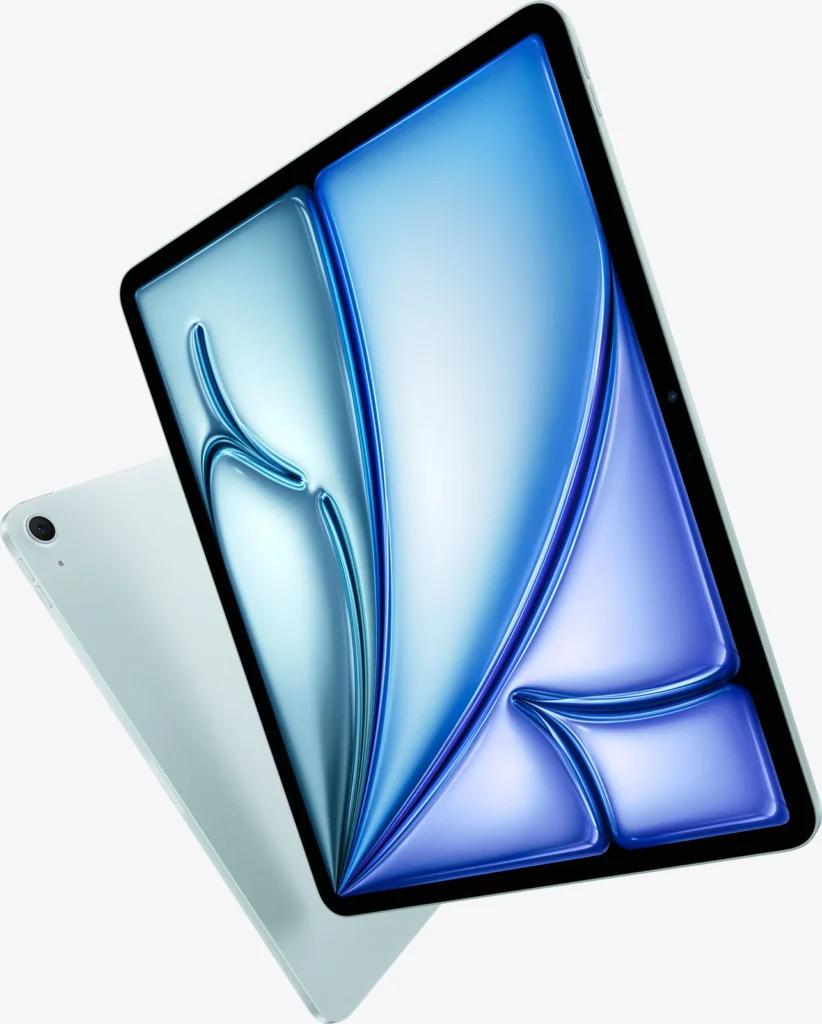 Apple iPad Air 13″ (M4), in Blue, front and back, floating