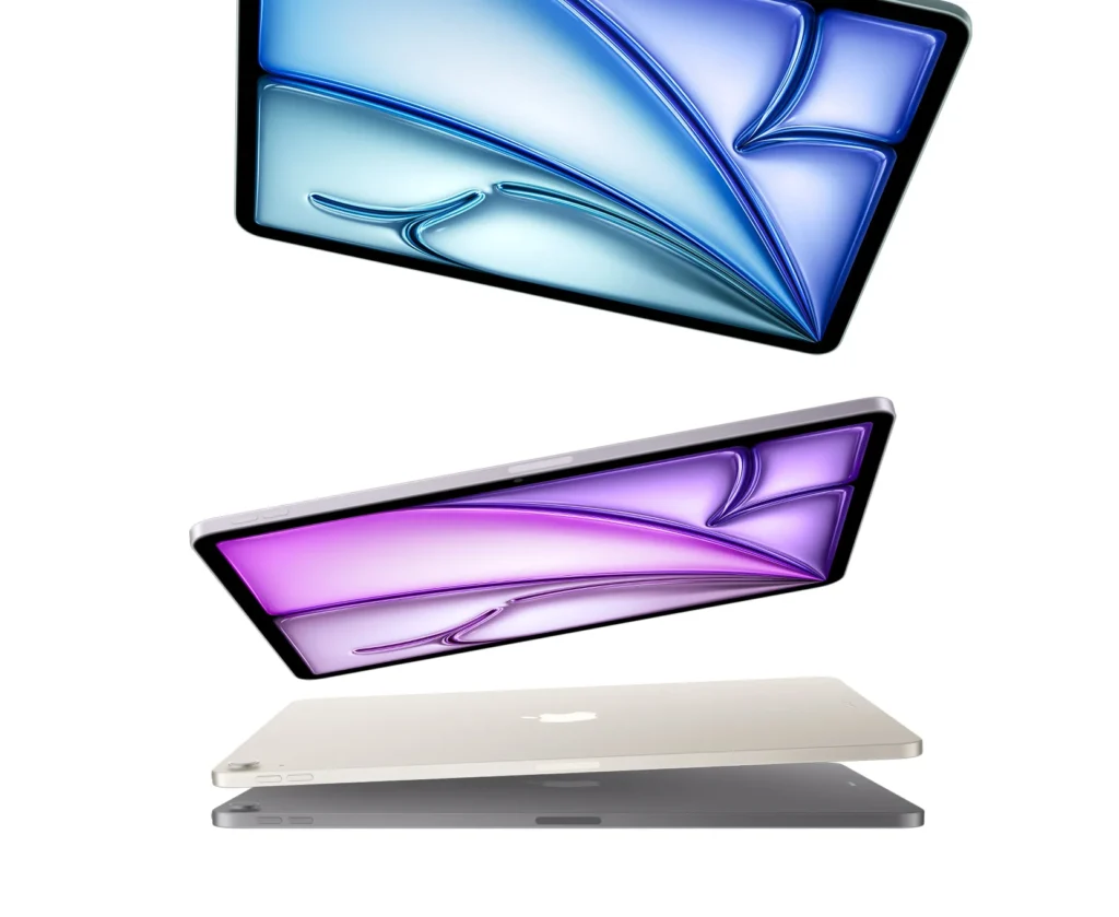 Apple iPad Air 13″ (M4), three colours stacked in mid-air
