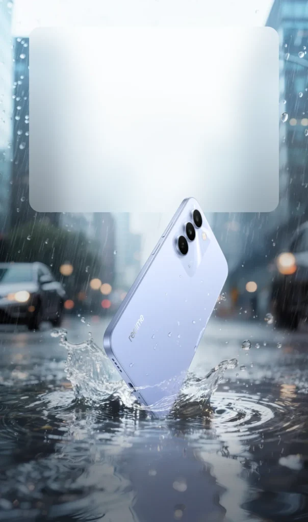 realme C83 5G, in Blooming Purple, in a rain puddle