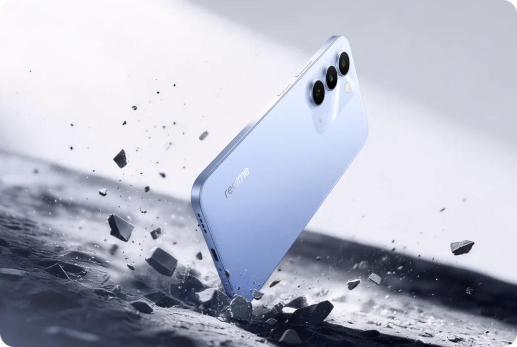 realme C83 5G, in Blooming Purple, falling with debris