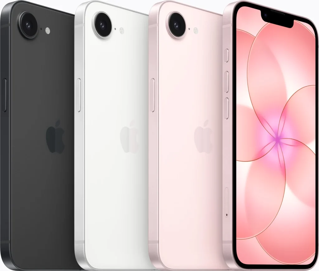 Apple iPhone 17e, in Black, White and Soft Pink, from the back and front