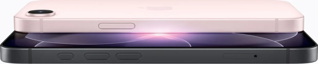 Apple iPhone 17e, in Soft Pink and Black, angled view of the rear camera and side