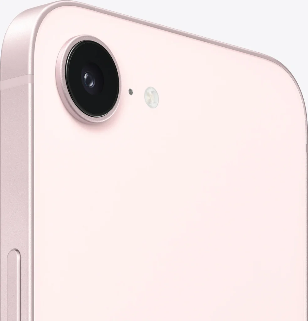Apple iPhone 17e, in Soft Pink, close-up of the 48MP rear camera