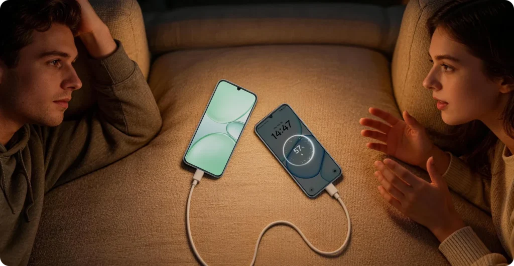 realme P4 Lite 5G, charging on a sofa