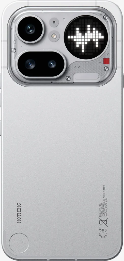 Nothing Phone (4a) Pro, in Silver, showing the Glyph Matrix