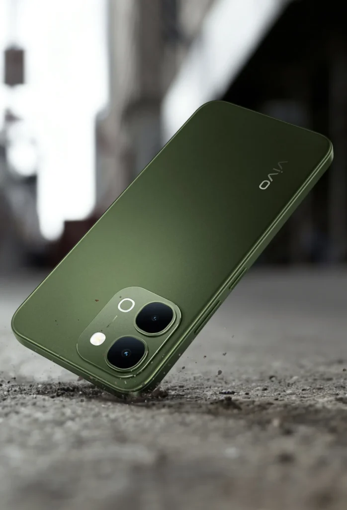 Vivo T5x 5G, in Cyber Green, lying on rough ground
