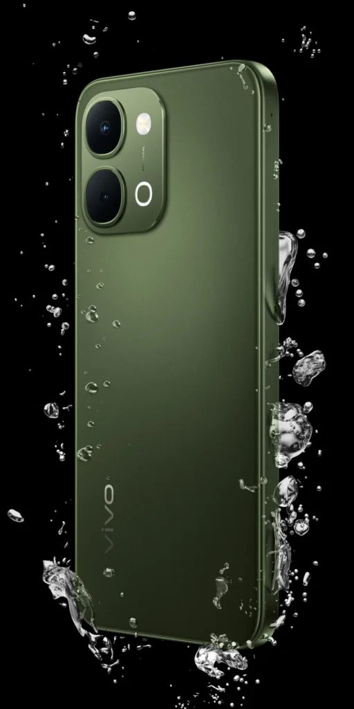 Vivo T5x 5G, in Cyber Green, from the back with water drops