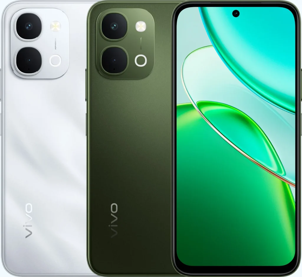 Vivo T5x 5G, in Star Silver and Cyber Green, backs and front