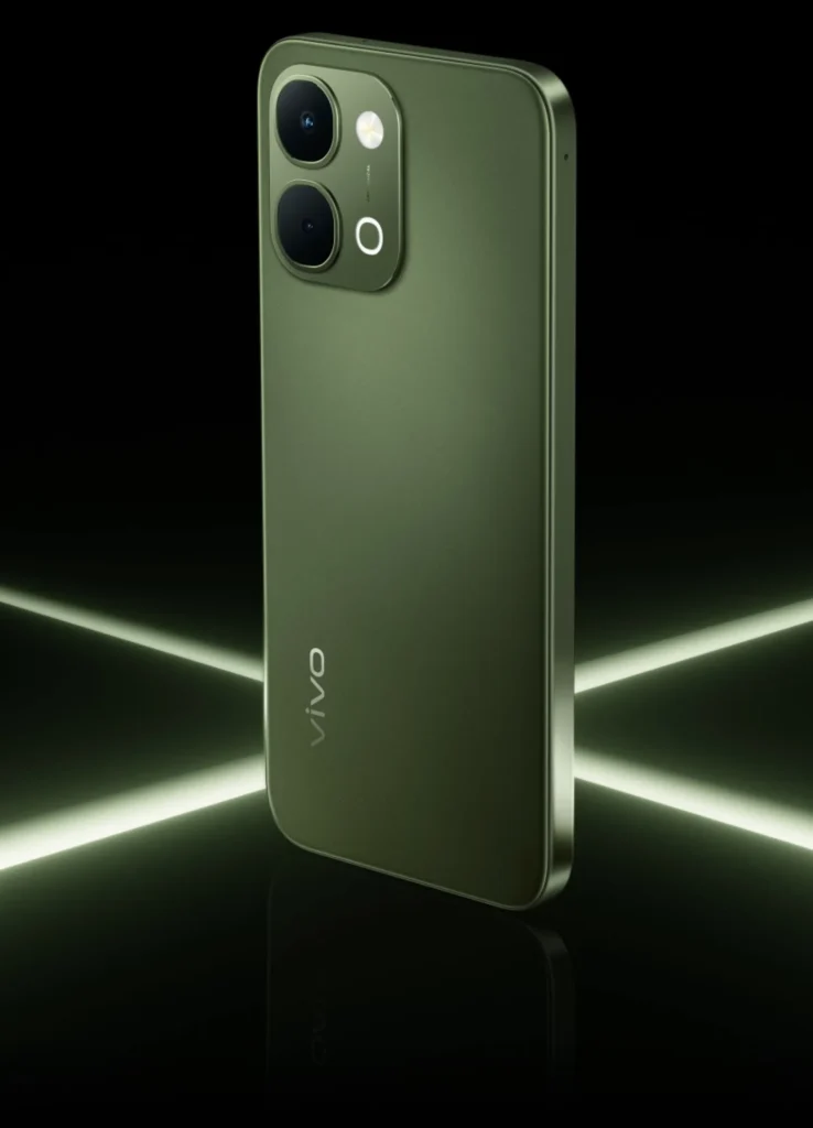 Vivo T5x 5G, in Cyber Green, standing between light beams