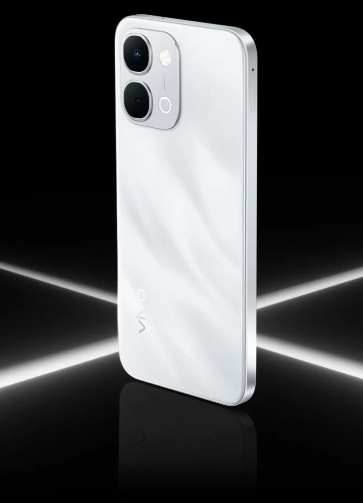 Vivo T5x 5G, in Star Silver, standing between light beams