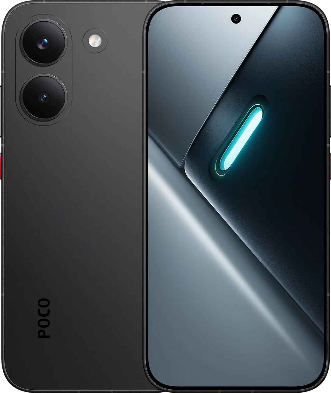 POCO X8 Pro in black, shown front and back in an official render