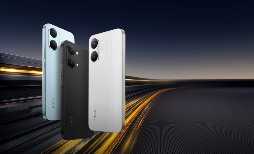 Poco X8 Pro Max, in Blue, Black and White, standing in a row
